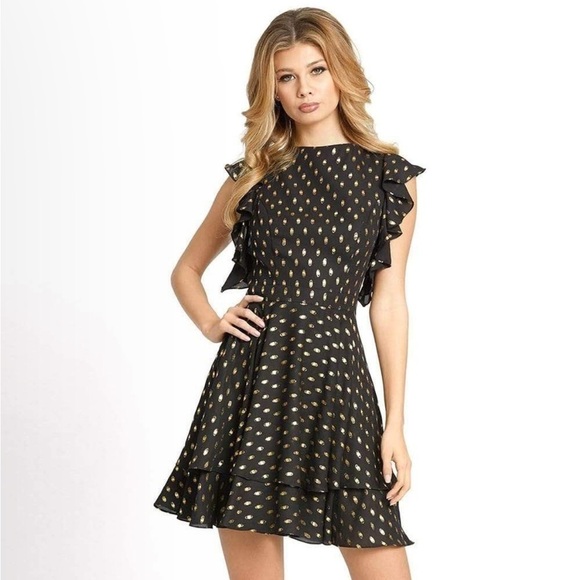 IEENA FOR MAC DUGGAL Ruffle Polka Dot Mini Dress Black Gold Size 4 NEW - Picture 4 of 16
